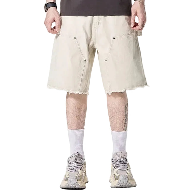 Beige cargo shorts with utility pockets and raw hem