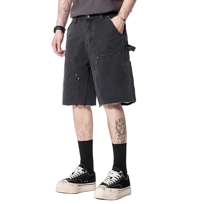 Black cargo denim shorts with utility pockets and raw hem