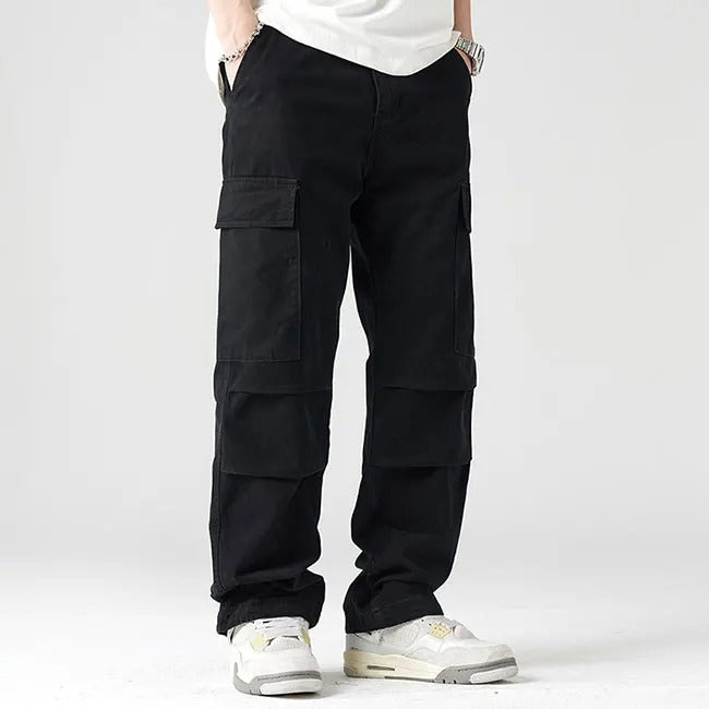 Black cargo pants with flap pockets and elastic cuffs