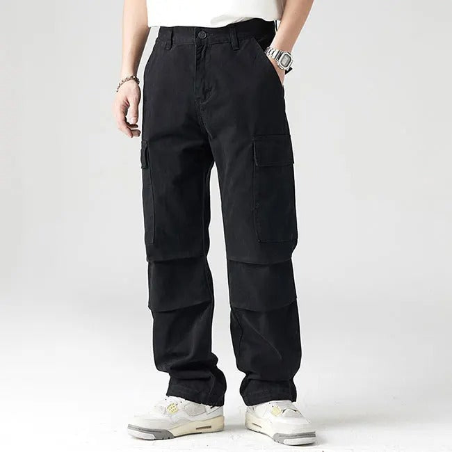 Black cargo pants with flap pockets and elastic cuffs