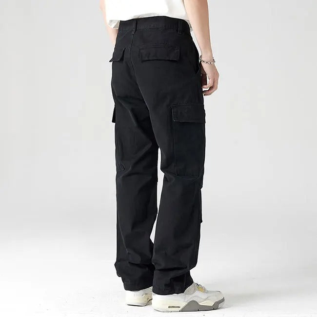 Black cargo pants with flap pockets and elastic cuffs