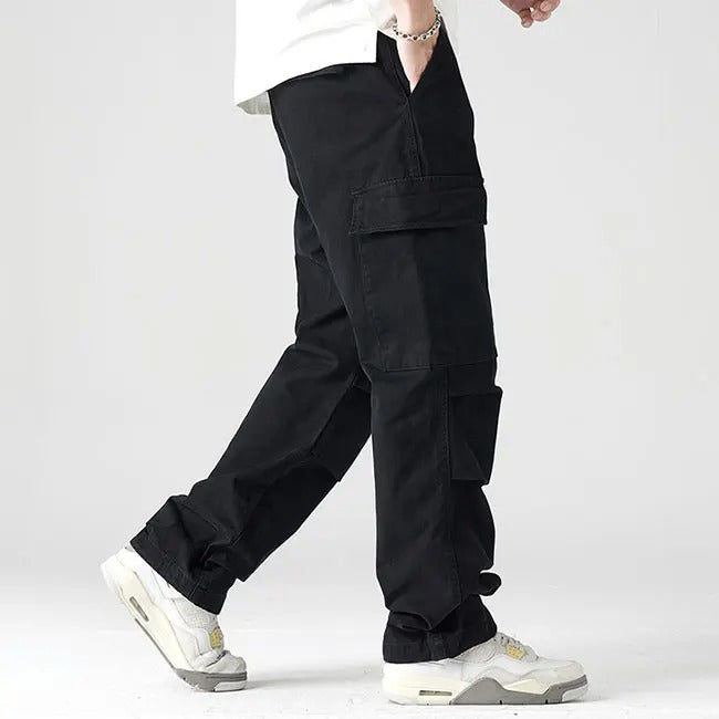 Black cargo pants with flap pockets and elastic cuffs