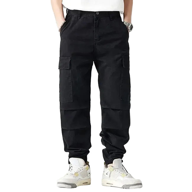 Black cargo pants with flap pockets and elastic cuffs