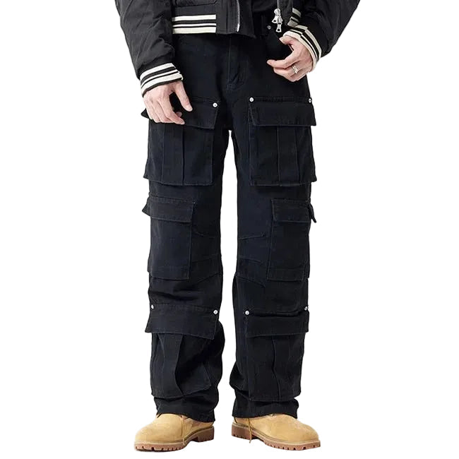 Black cargo pants with multiple flap pockets and panel detailing