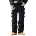 Black cargo pants with multiple flap pockets and panel detailing