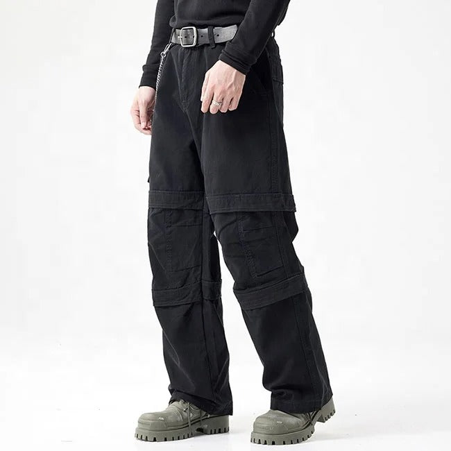 Black cargo pants with panel detailing and side chain