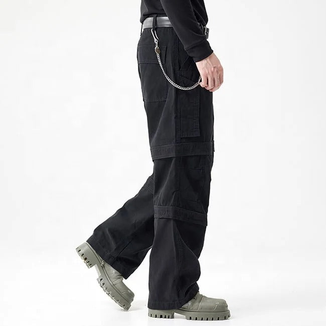 Black cargo pants with panel detailing and side chain