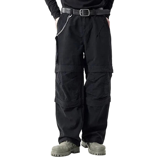 Black cargo pants with panel detailing and side chain