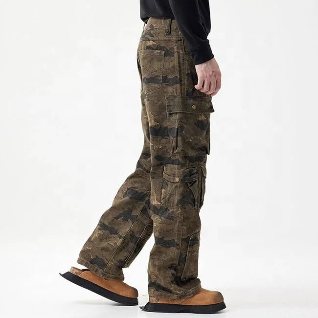 Camouflage cargo pants with multiple flap pockets