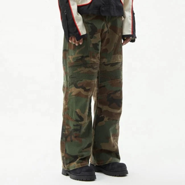 Camouflage pants with moto panel detailing