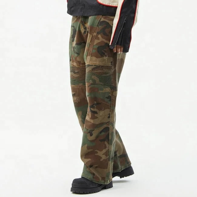 Camouflage pants with moto panel detailing