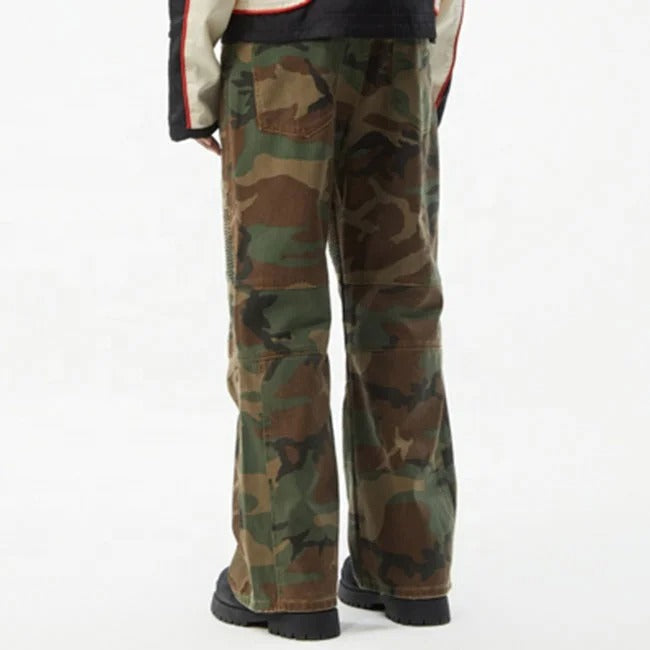 Camouflage pants with moto panel detailing