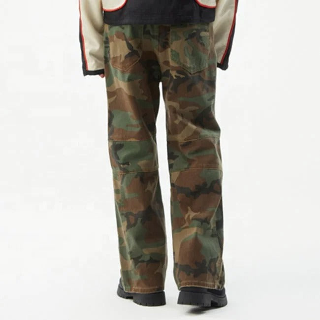 Camouflage pants with moto panel detailing