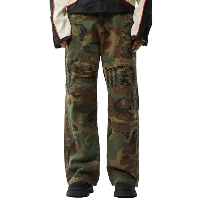 Camouflage pants with moto panel detailing