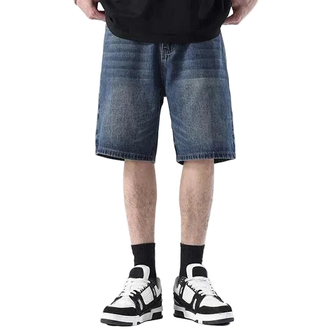 Dark blue washed denim shorts with faded detailing
