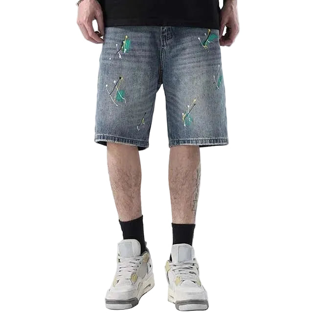 Light blue denim shorts with paint splatter detailing