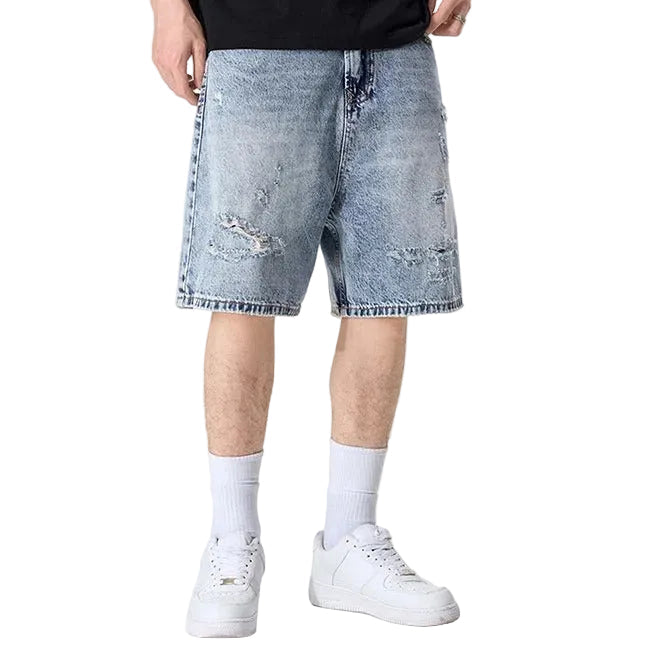 Light blue distressed denim shorts with faded wash