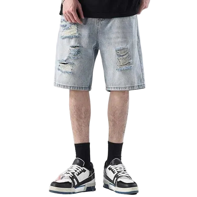 Light blue distressed denim shorts with ripped detailing
