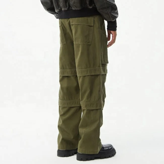 Olive green cargo pants with panel detailing