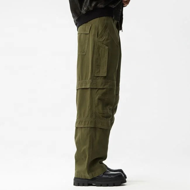 Olive green cargo pants with panel detailing