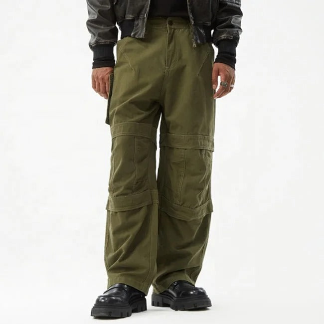 Olive green cargo pants with panel detailing