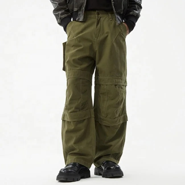 Olive green cargo pants with panel detailing