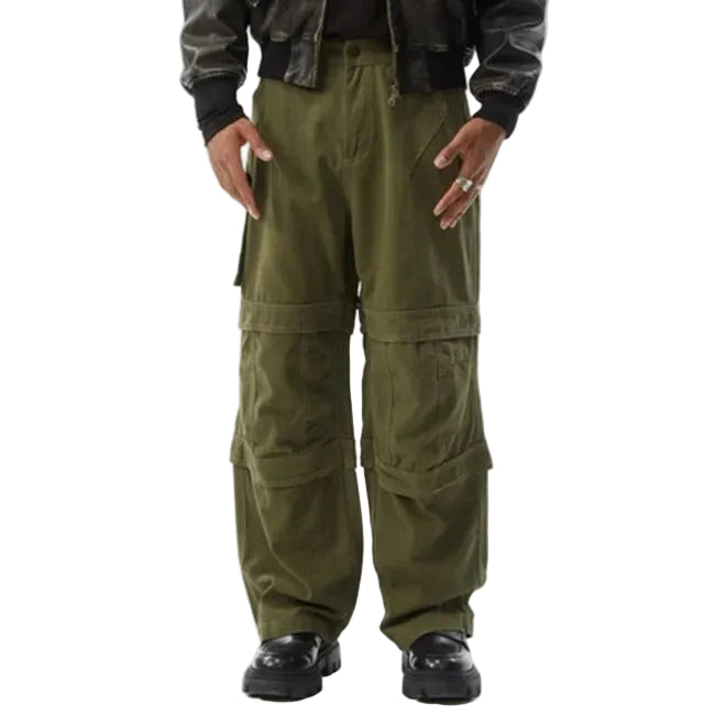 Olive green cargo pants with panel detailing