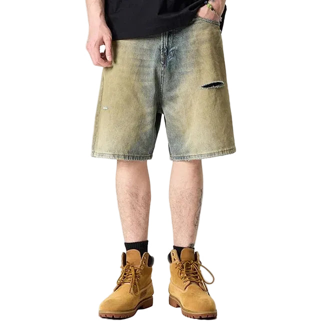 Olive green washed denim shorts with subtle distressing