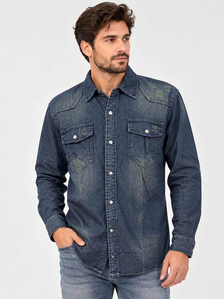 Men's denim shirt with slim fit and snap buttons - dark blue