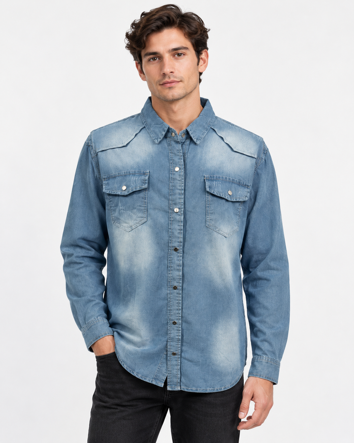 Men's denim shirt with slim fit and snap buttons - light blue