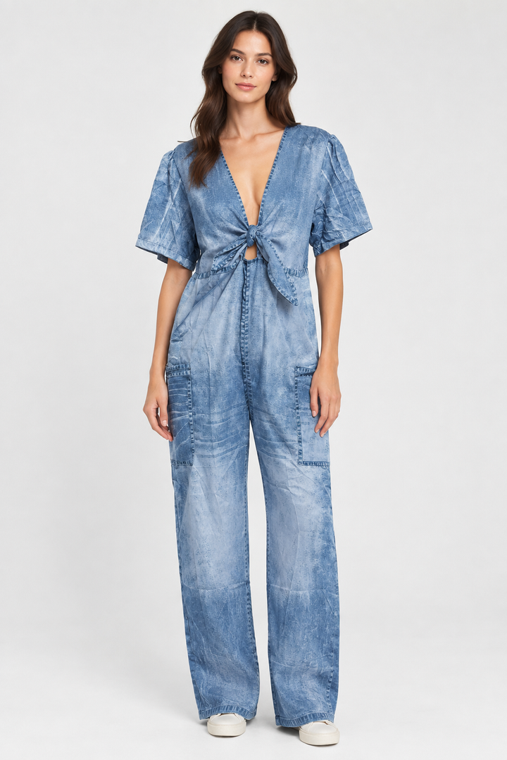 Women's V neck short sleeve jumpsuit - light blue