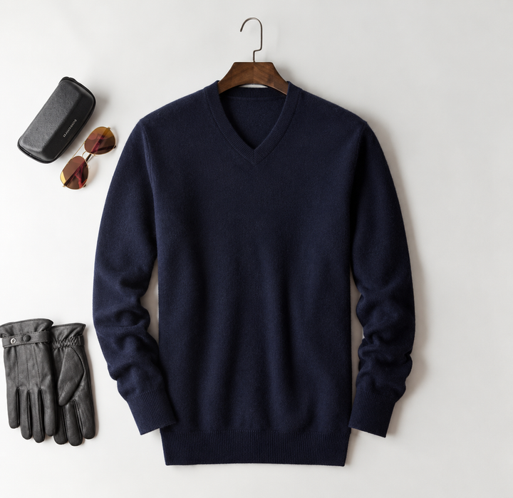 Men's cashmere crew neck knit sweater - navy-v neck