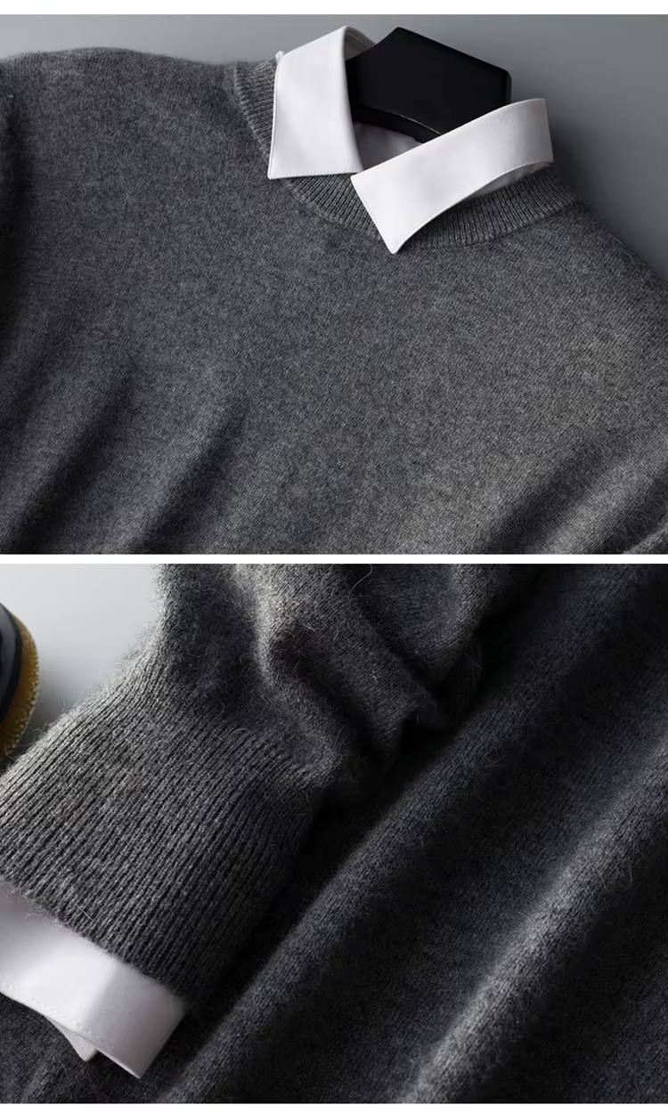 Men's cashmere crew neck knit sweater - gray