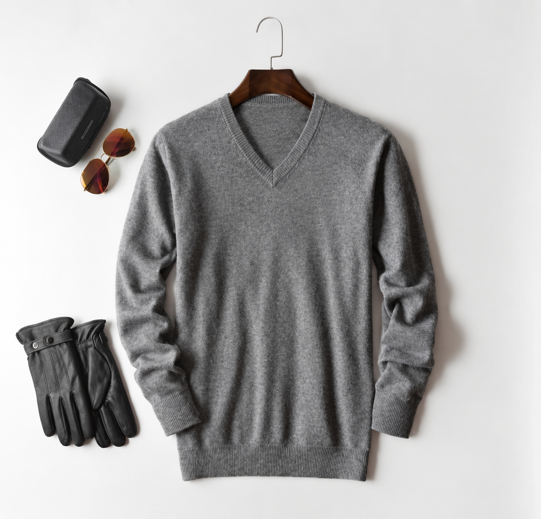 Men's cashmere crew neck knit sweater - grey-v neck