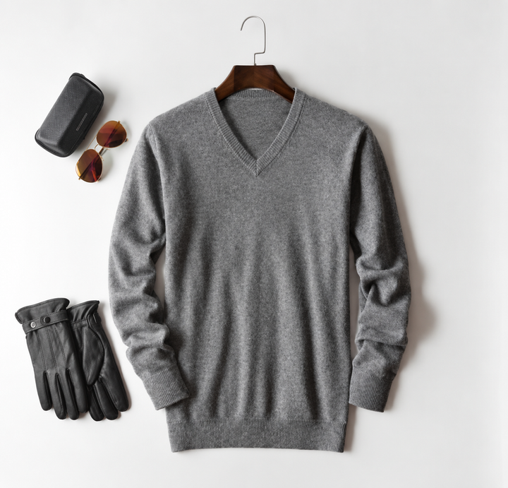 Men's cashmere crew neck knit sweater - grey-v neck