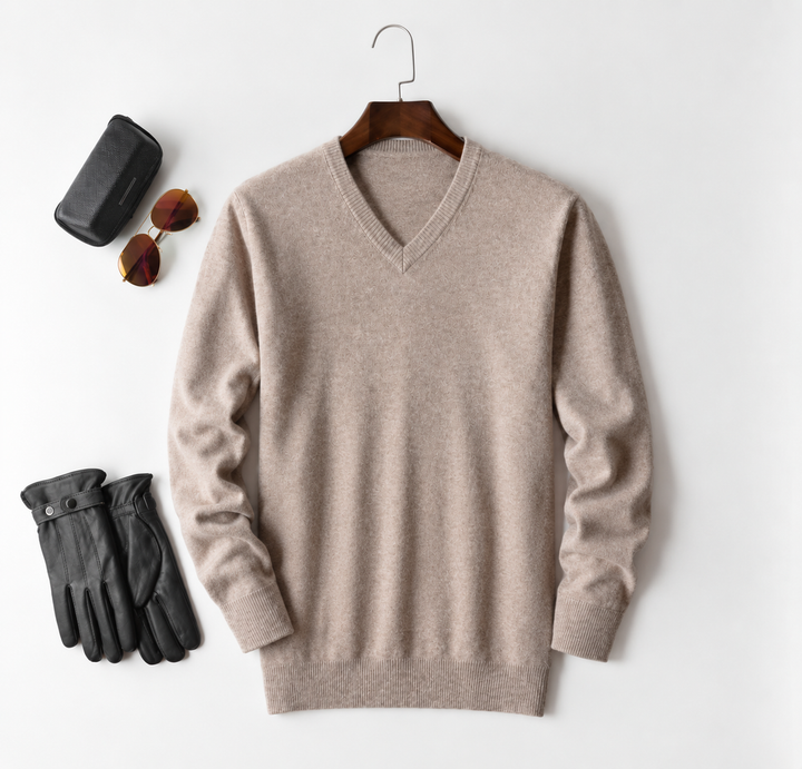 Men's cashmere crew neck knit sweater - beige-v neck