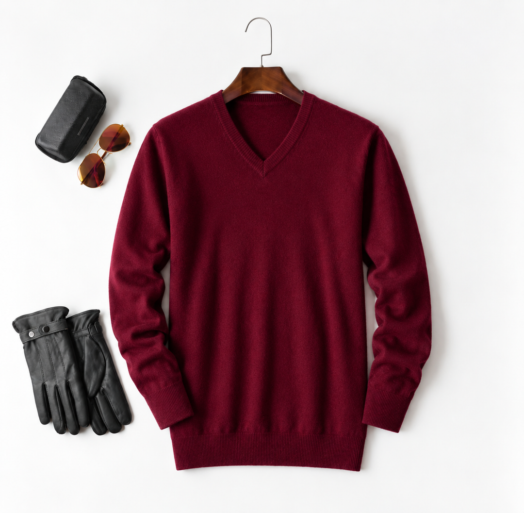 Men's cashmere crew neck knit sweater - red-v neck