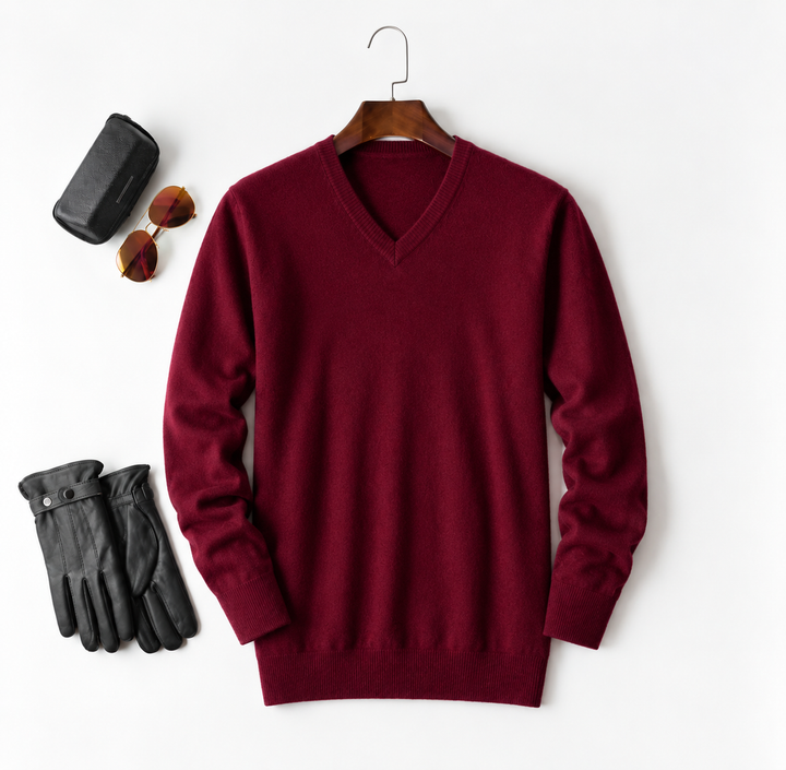 Men's cashmere crew neck knit sweater - red-v neck