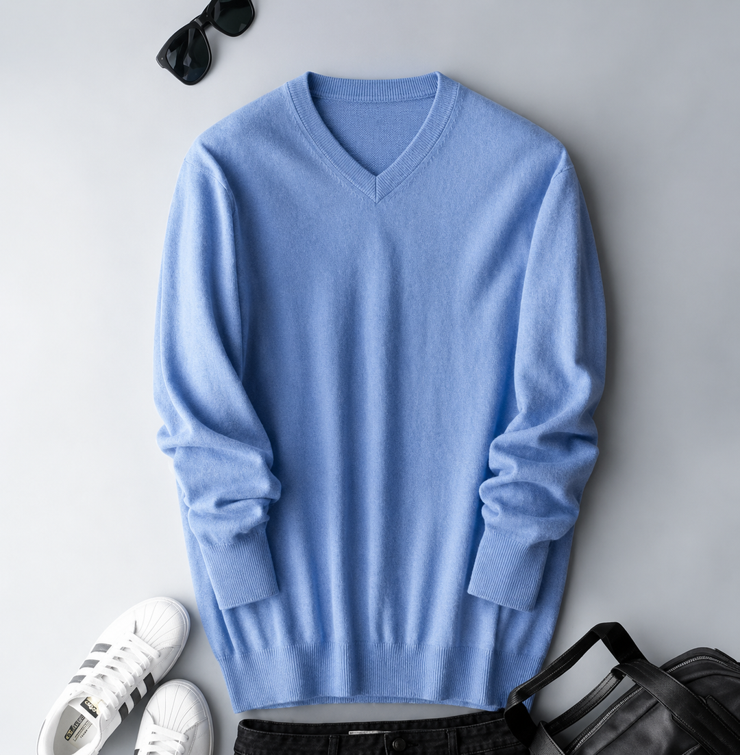 Men's cashmere crew neck knit sweater - light blue-v neck