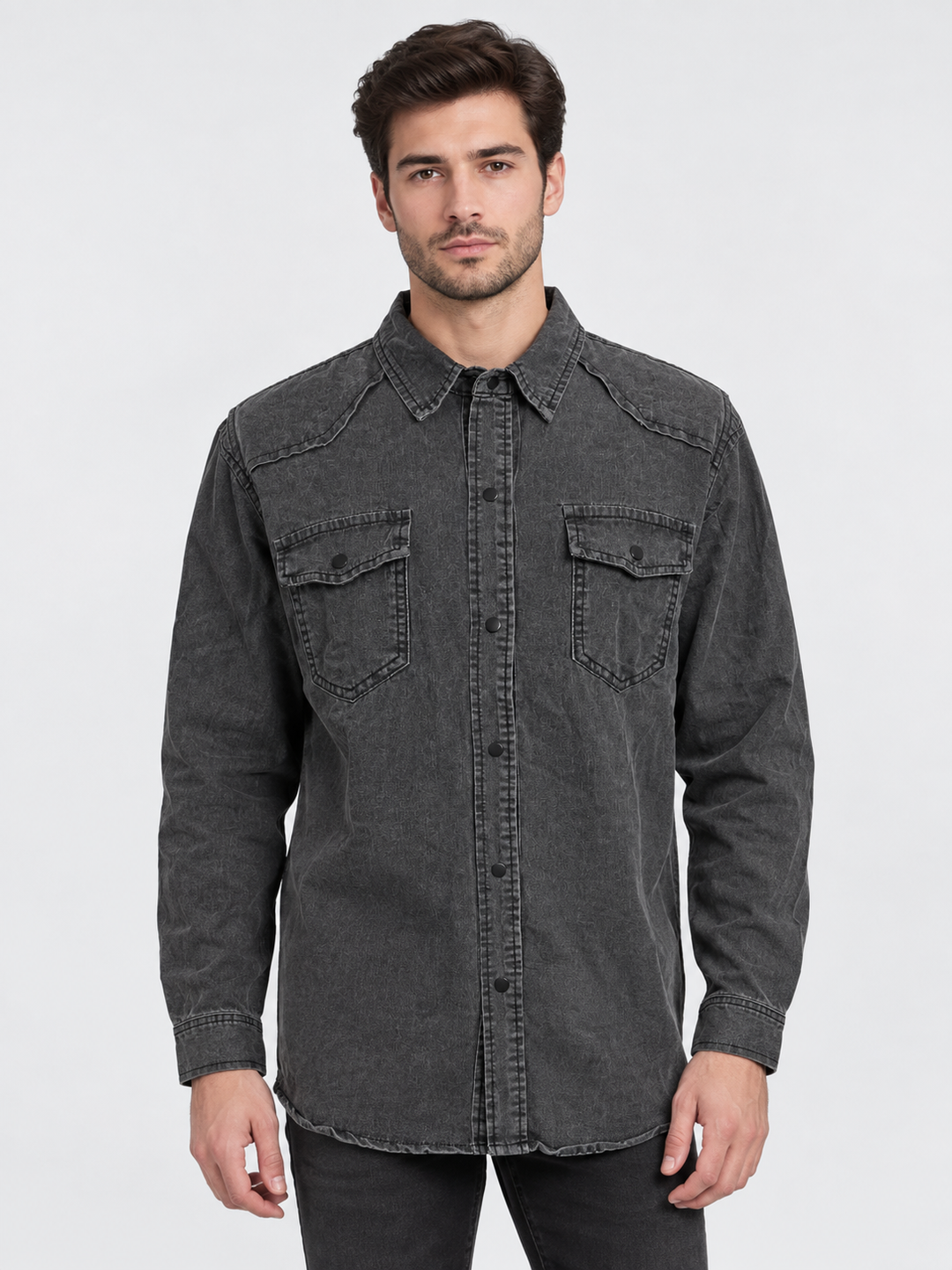 Men's denim shirt with slim fit and snap buttons - dark gray