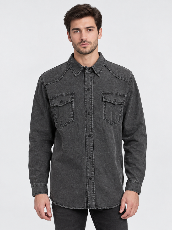 Men's denim shirt with slim fit and snap buttons - dark gray
