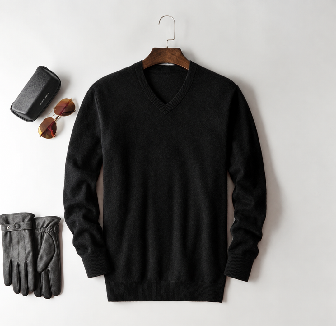 Men's cashmere crew neck knit sweater - black-v neck