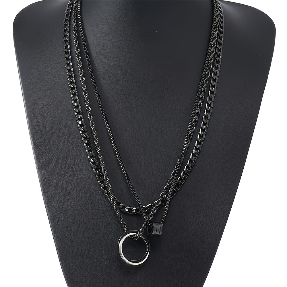 Men's 3-Piece Stainless Steel Chain Set - Black Cuban Link - Black