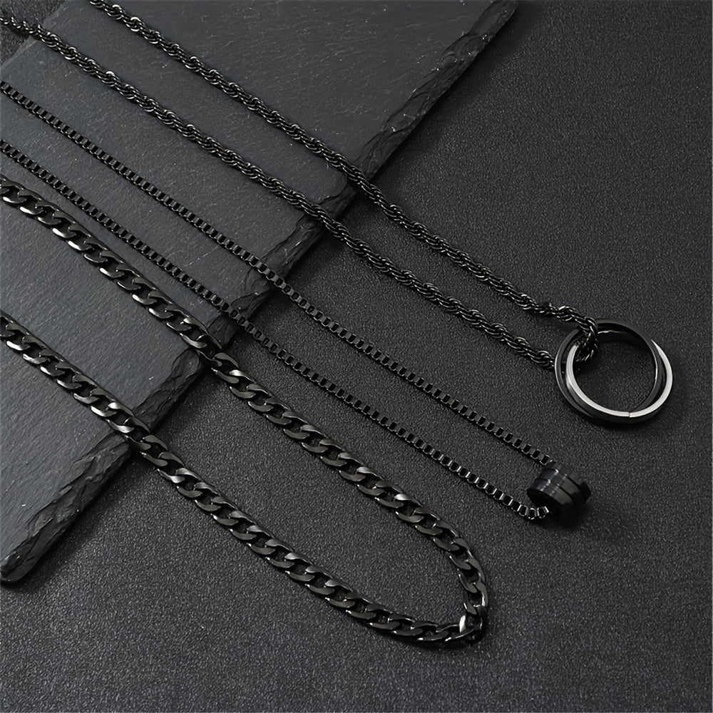 Men's 3-Piece Stainless Steel Chain Set - Black Cuban Link