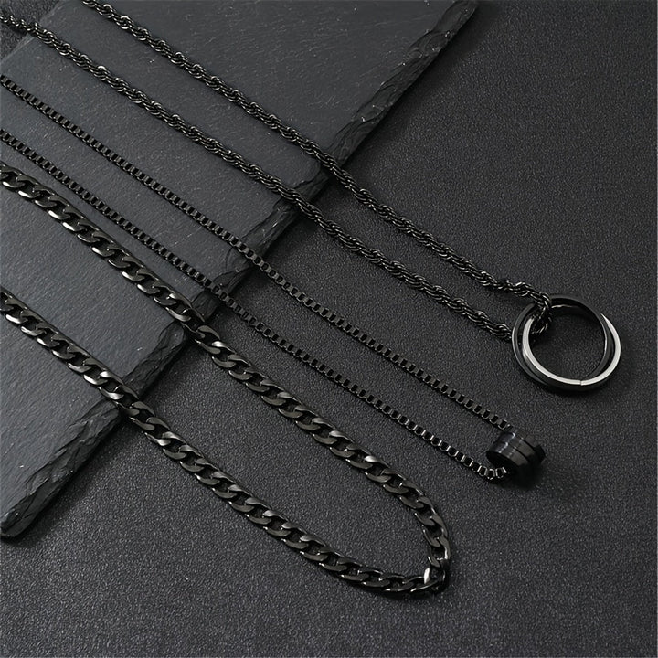 Men's 3-Piece Stainless Steel Chain Set - Black Cuban Link