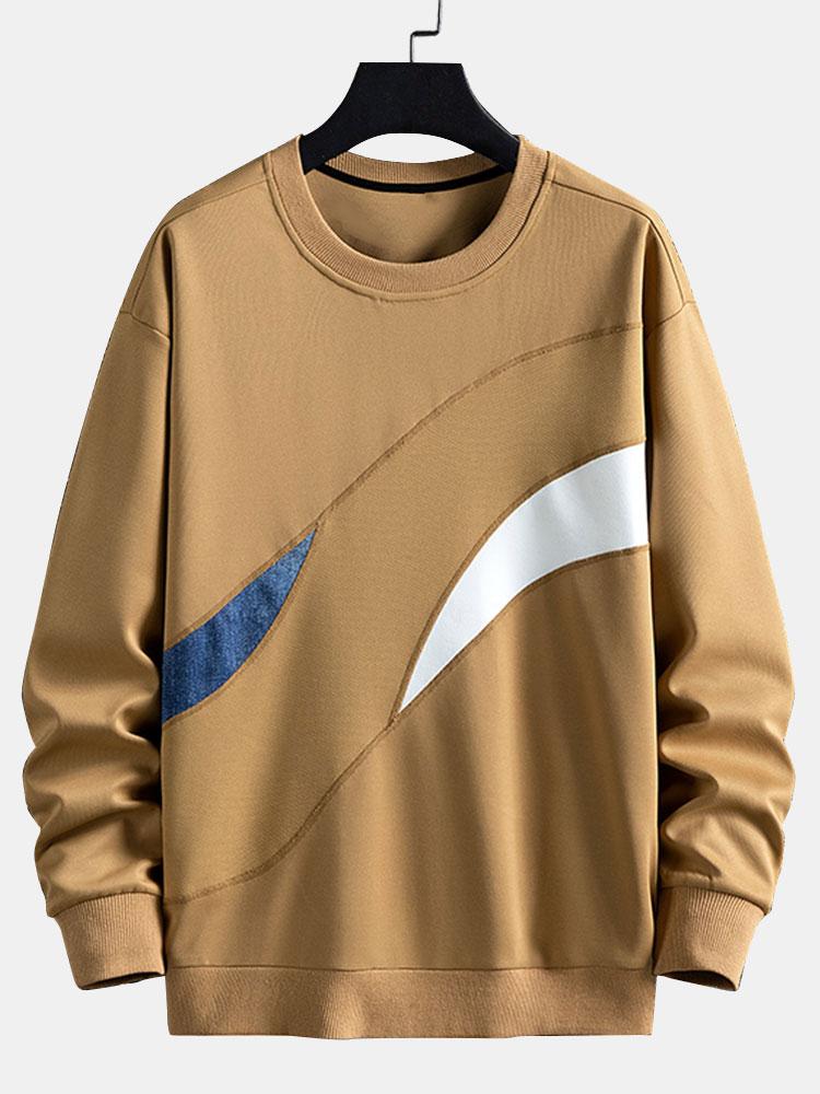 Men's Abstract Colorblock Crew Neck Sweatshirt – Relaxed Fit - Khaki