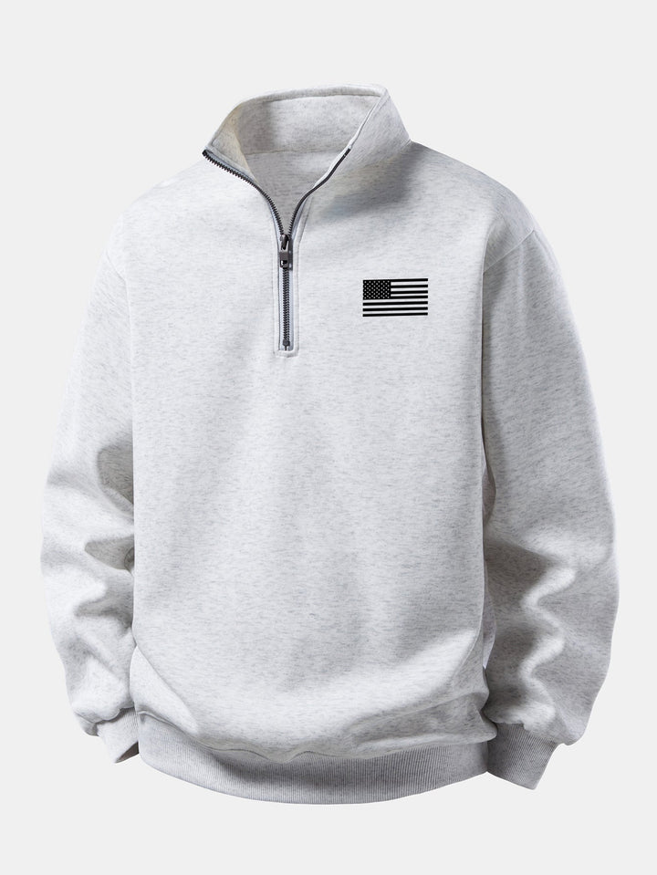 Men's American Flag Quarter Zip Sweatshirt – Relaxed Fit Stand Collar - Grey