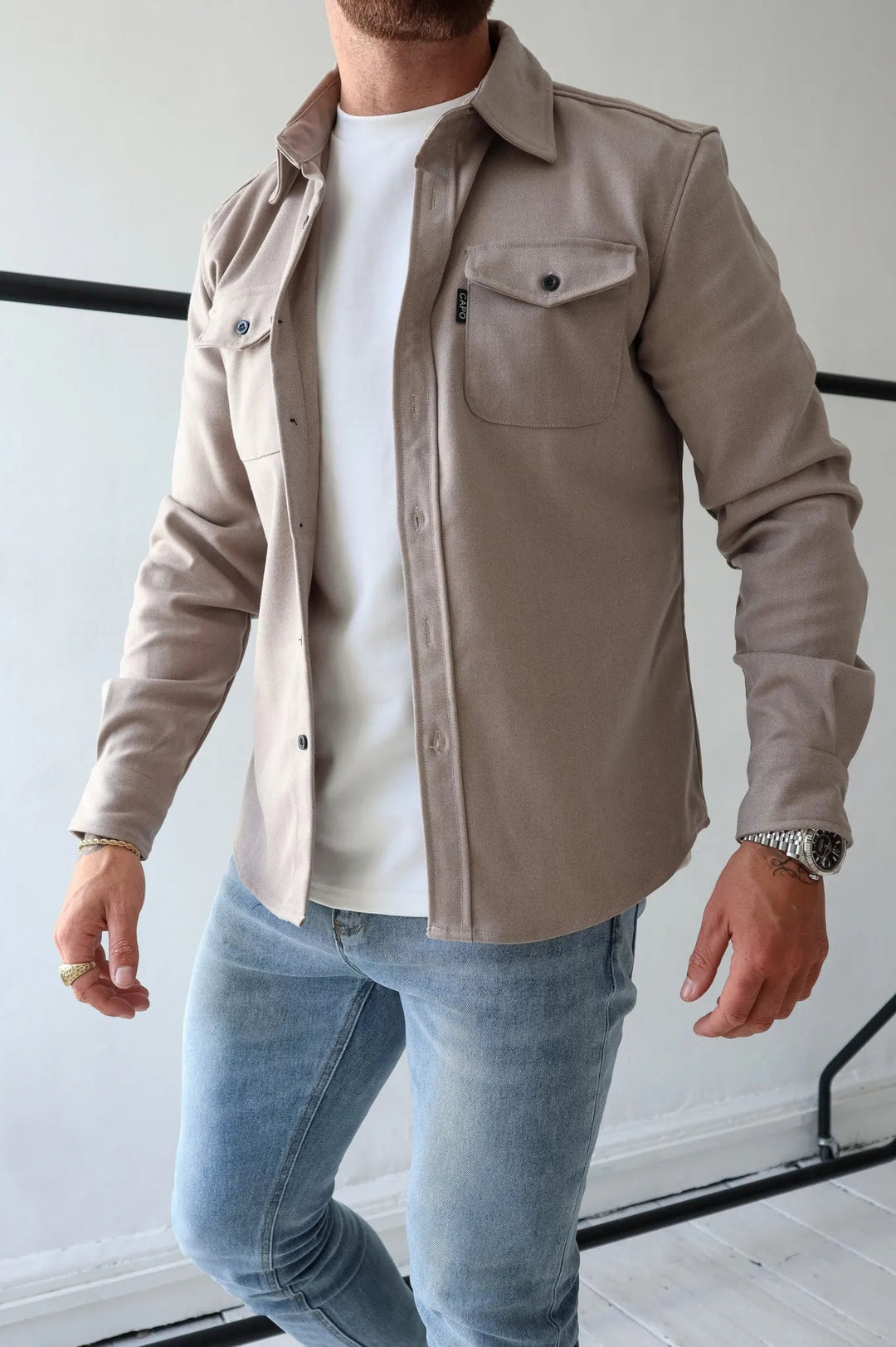 Men's Button-Down Shirt Jacket - Modern Tailored Style - Apricot