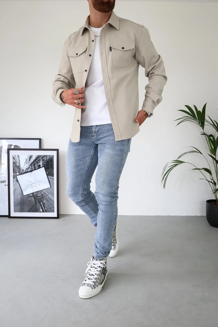Men's Button-Down Shirt Jacket - Modern Tailored Style - Beige