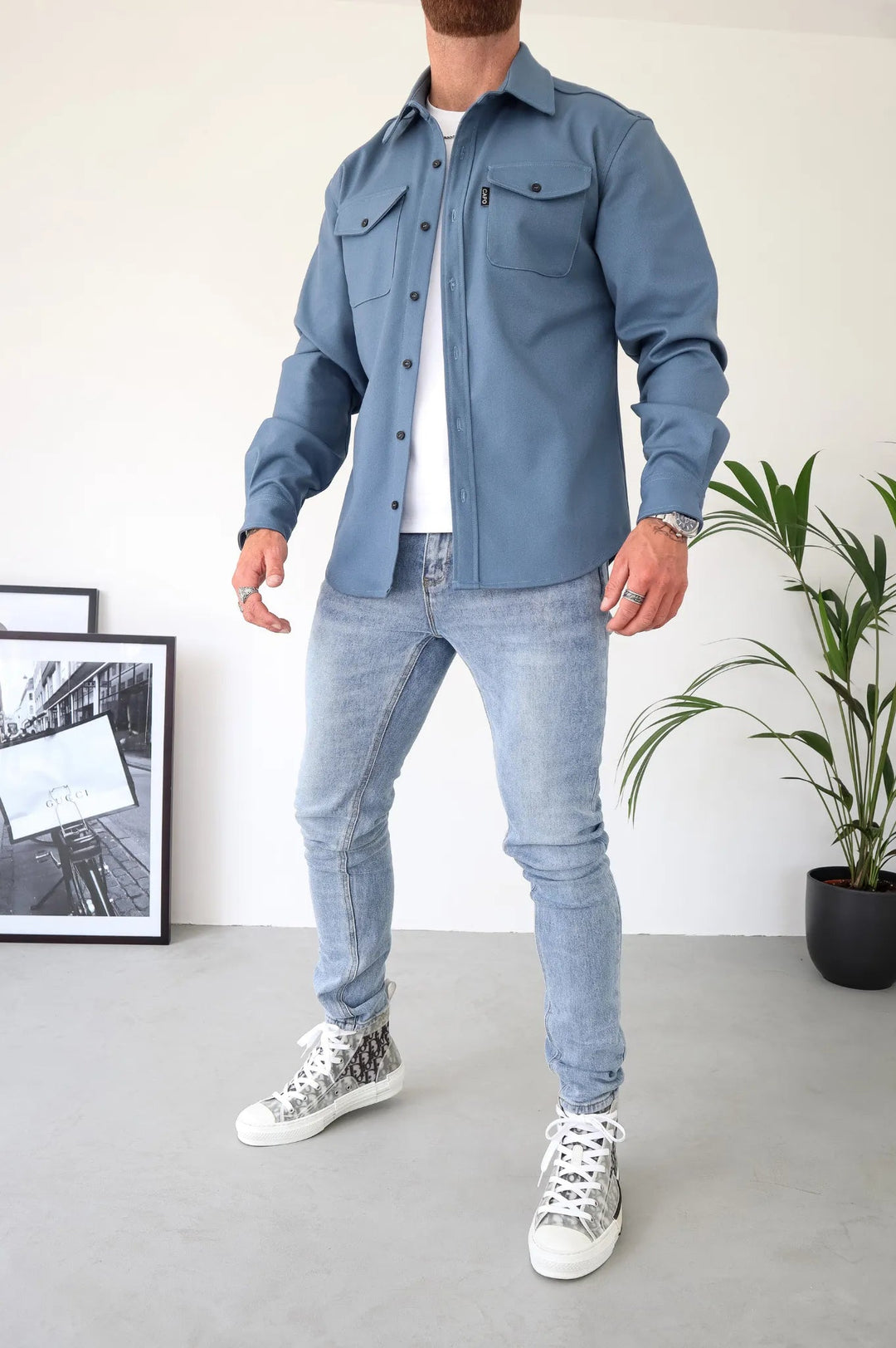 Men's Button-Down Shirt Jacket - Modern Tailored Style - Blue